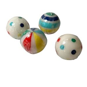 Set of 4 Sphere Spherical Candles White Multicolor Stripes Polka Dots 2 In DIAM